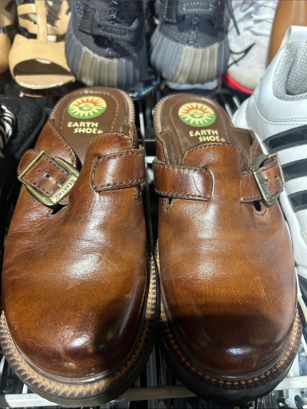 Earth Shoes Men’s Brown Leather Slip-On Clog with Buckle Accent